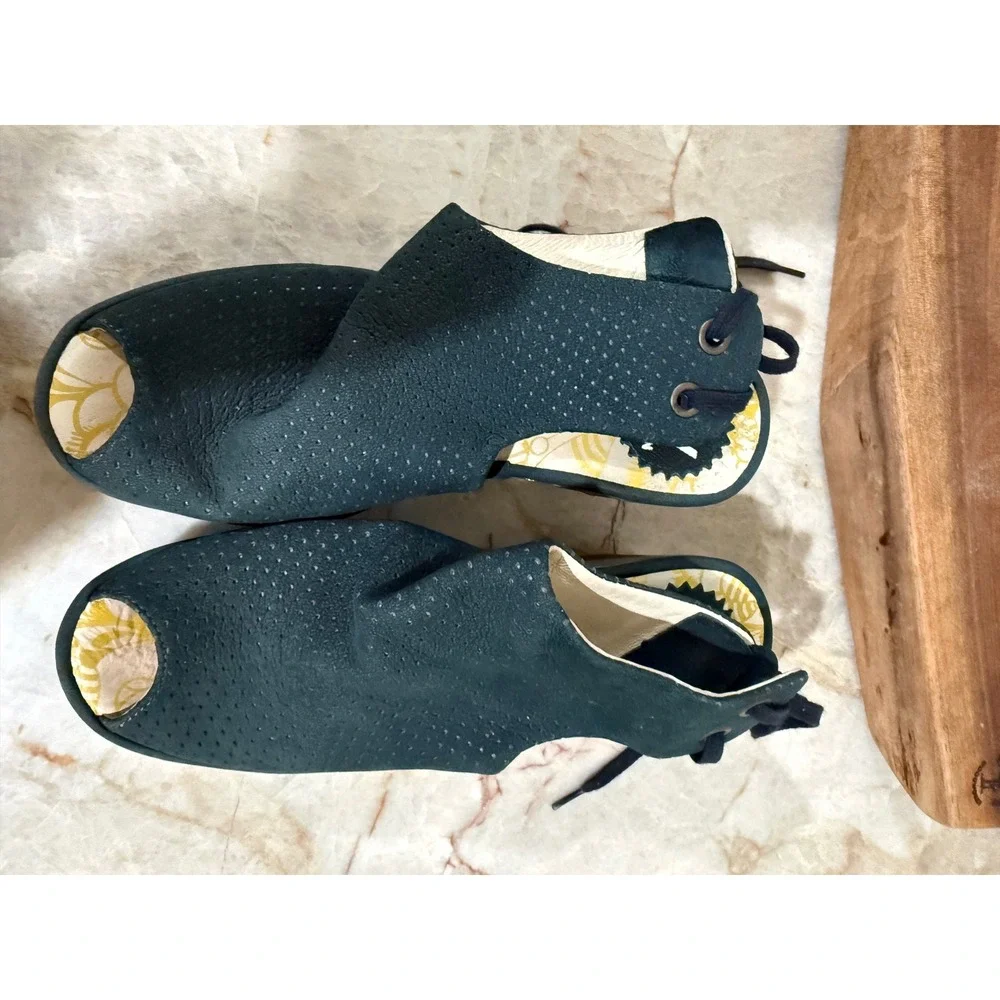 FLY London Ypul Wedge Sandals Cupido Reef Green Leather EU 36 US 5.5-6
